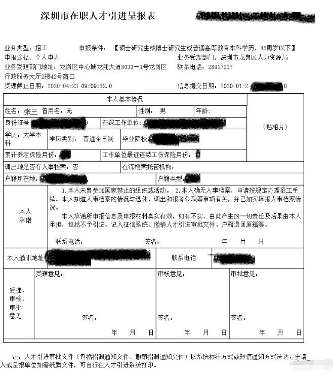 2020年全日制学历大学生深圳市入户人才引进申报材料样板