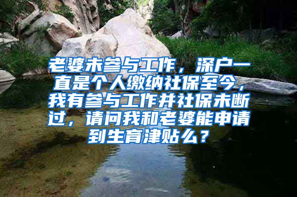 老婆未参与工作，深户一直是个人缴纳社保至今，我有参与工作并社保未断过，请问我和老婆能申请到生育津贴么？