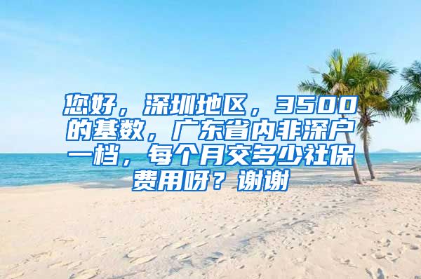 您好，深圳地区，3500的基数，广东省内非深户一档，每个月交多少社保费用呀？谢谢